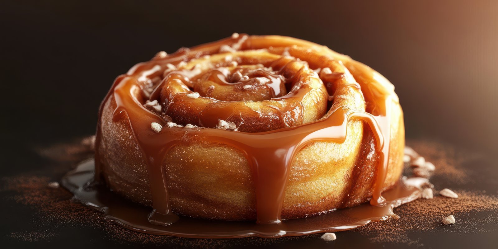 Freshly baked cinnamon roll drizzled with caramel and sprinkled with nuts on a wooden table